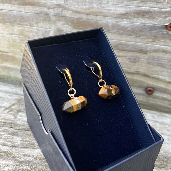 Cats Eye Gold Tone Earrings Earthy Boho - Picture 3 of 4